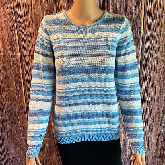 Nordstrom EWM size small 10 to 12 blue & white striped knit boho sweater - Picture 1 of 16